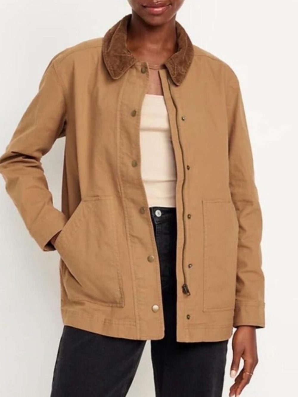 Old Navy Barn Chore Coat Jacket Corduroy Collar in camel tan size large relaxed